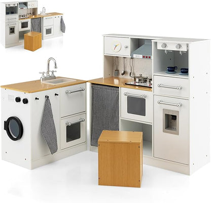 HONEY JOY Kids Kitchen Playset, 2-Piece Modular Wooden Corner Toy Kitchen Set/Washing Machine & Sink, Coffee Maker, Range Hood & Stove, Stool, Little Chef Pretend Play Kitchen for Toddlers, Natural