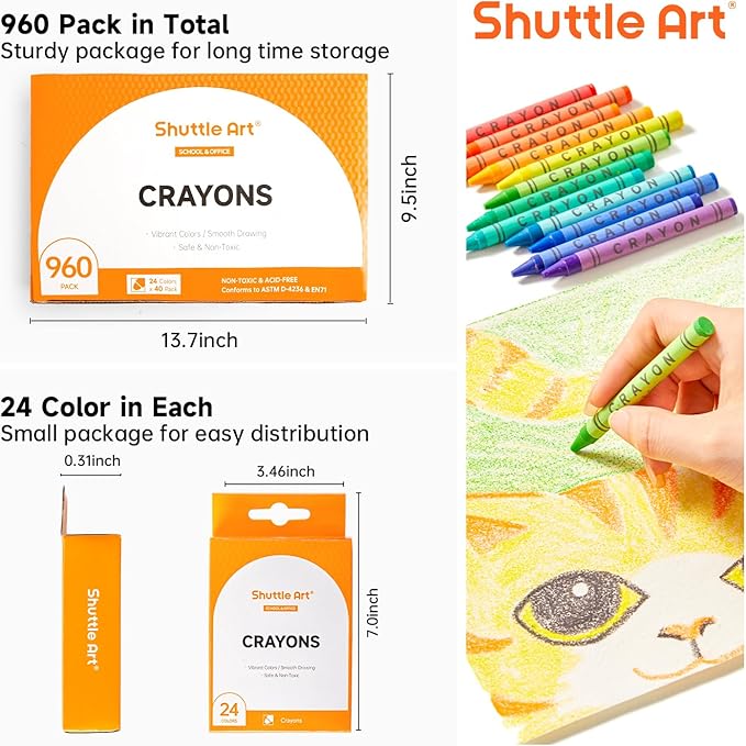 Shuttle Art Crayons Bulk Set - 40 Boxes of 24 Assorted Colors, 960 Count Durable & Non-Toxic Teacher-Quality Crayons, School Supplies bulk in Crayons For Family Class Party Favors