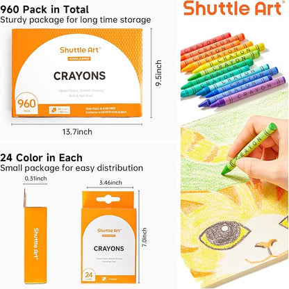 Shuttle Art Crayons Bulk Set - 40 Boxes of 24 Assorted Colors, 960 Count Durable & Non-Toxic Teacher-Quality Crayons, School Supplies bulk in Crayons For Family Class Party Favors