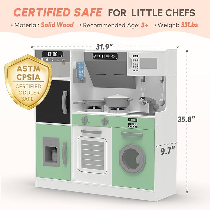 BIERUM Play Kitchen with Realistic Lights & Sounds, Wooden Kitchen Playset with 28 Pcs Toy Food & Cookware Accessories, Toy Kitchen with Plenty of Play Features, Idea Gift for Boys and Girls Ages 3+