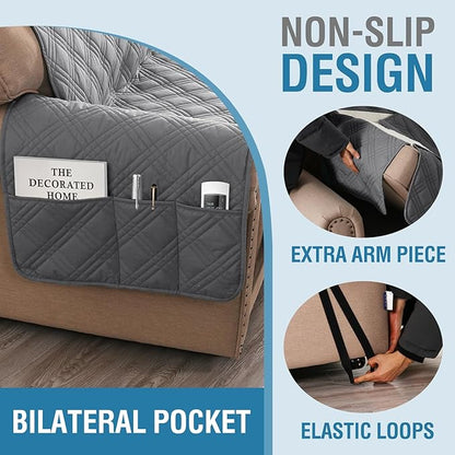 H.VERSAILTEX 100% Waterproof Recliner Chair Covers 1-Piece Reversible Recliner Covers for Large Recliner with Elastic Straps Sitting Width Up to 28" (Oversized Recliner, Grey/Beige)