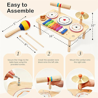 WINYGZ 9-in-1 Baby Drum Set, Low Noise Montessori Musical Instruments for Toddlers 1-3, Safe & Durable Wooden Music Toys for Quiet Sensory Play at Home, Great Birthday for Boys Girls