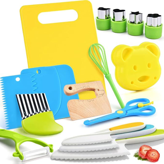 Montessori Kitchen Tools,17Pcs Toddler Knife Set Kids Knife Set for Real Cooking-Kids Kitchen Tools Set Include Toddler Knives Cutting Boards Sandwich Cutters Peeler for Toddler Birthday Gift