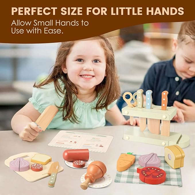 Play Knife Set, Play Kitchen Accessories, Wooden Pretend Play Food Set Toys for Kids Toddlers, Gifts for 2 3 4 Years Old Girls Boys