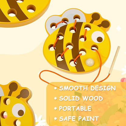 Sealive Wooden Lacing Toys for Toddlers - Fun and Educational Threading Set | Develop Fine Motor Skills | Durable Montessori Toy for Travel (Bee)