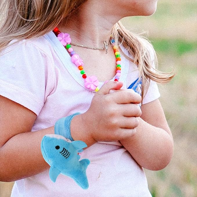 LUOZZY 6 Pcs Plush Slap Bracelets Shark Stuffed Animal Slap Band Bracelets for Kids Birthday Party Favors Gifts (Blue Pink Gray)