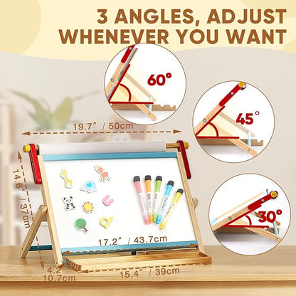 FUNLIO Anti-Warping Tabletop Easel for Kids Ages 3+ (100+ Pcs), Wooden Double-Sided Magnetic Table Easel with 3 Adjustable Angles, Kids Easel with Whiteboard, Chalkboard & Paper Roll, Foldable - Blue