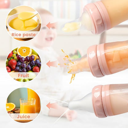 Baby Multifunctional Complementary Food Bottle, Silicone Milk Bottle 3-in-1, Including Dispensing Spoon, Regular Nipple and Fruit Puree Feeding Nipple, Auxiliary Weaning Bottle