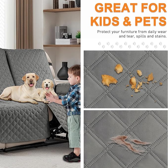 Recliner Covers Non Slip Waterproof Large Recliner Chair Covers for Leather Chairs Reversible Recliner Sofa Cover for Living Room Recliner Furniture Protectors Covers for Pets Kids, Gray