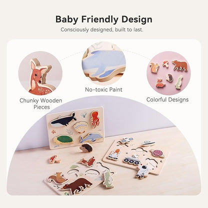 IEATFO 3 Packs Space Ocean Forest Wooden Chunky Puzzles for Toddlers, Wood Puzzles for Kids, Insert Puzzles Each Piece Fits Perfectly, Sturdy and Pegless, Educational Toys