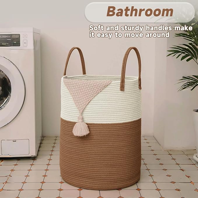 JMvicyroam Large Woven Laundry Basket Hamper,80L Cotton Rope Storage Bin for Blankets,Toys and Clothes,Decorative Tall Nursery Hamper for Living Room,Baby Nursery,Bathroom and Bedroom,White and Brown