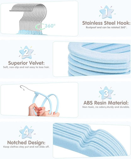 Baby Hangers, VIS'V 11 Inch Blue Velvet Kids Hangers with 6 Pcs Size Dividers Non Slip Nursery Children Closet Clothes Hangers for Infant Toddler Girls and Boys 30 Pcs