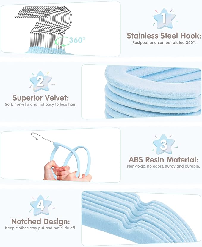 Baby Hangers, VIS'V 11 Inch Blue Velvet Kids Hangers with 6 Pcs Size Dividers Non Slip Nursery Children Closet Clothes Hangers for Infant Toddler Girls and Boys 50 Pcs
