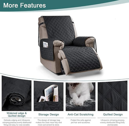 Ruaozz 100% Waterproof Recliner Chair Cover Non-Slip Reclining Cover for Recliner Chair Washable Chair Seat Cover with Elastic Straps for Kids, Dogs, Pets (Black, 23'')