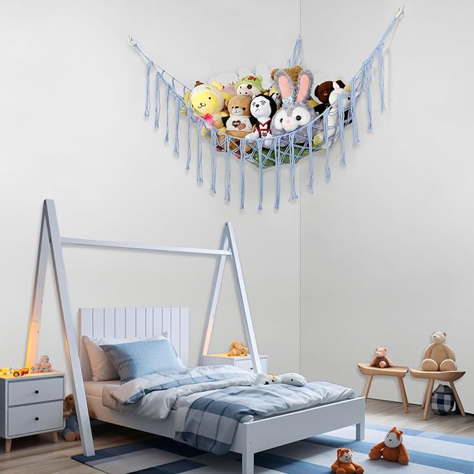 Boho Stuffed Animals Net or Hammock Large,55 inch Toy Hammock Macrame Stuff Animal Storage Corner Hanging Net Holder,Mesh Hammock Plush Toy Organizer with Hooks for Bedroom,Nursery (Baby Blue)