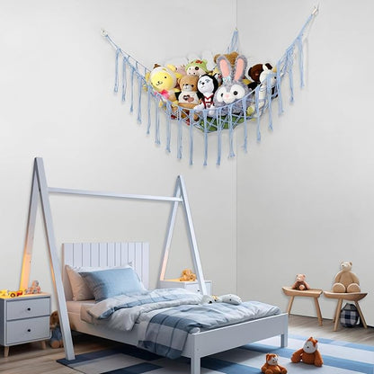 Boho Stuffed Animals Net or Hammock Large,55 inch Toy Hammock Macrame Stuff Animal Storage Corner Hanging Net Holder,Mesh Hammock Plush Toy Organizer with Hooks for Bedroom,Nursery (Baby Blue)