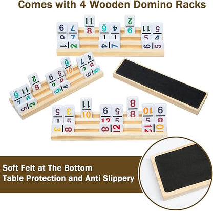 Mexican Train Dominoes Set with Numbers and 4 Wooden Trays/Racks, Double 12 Dominos Travel Set with 4 Tiles Holders, 91 Tiles Double 12 Colored Dominoes Game Set with Portable Case for Families Kids