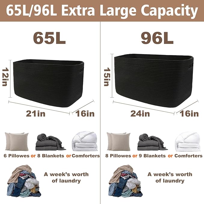 JMvicyroam Woven Blanket Basket,65L Large Storage Bin for Blankets Toys Clothes,Decorative Rope Basket for Living Room Bedroom with Handles, Black