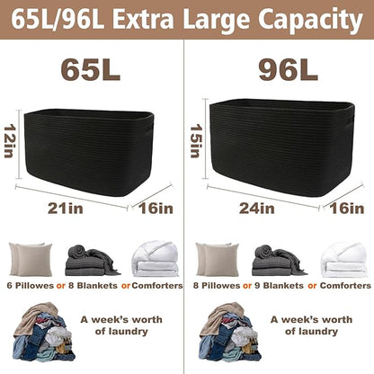 JMvicyroam Woven Blanket Basket,65L Large Storage Bin for Blankets Toys Clothes,Decorative Rope Basket for Living Room Bedroom with Handles, Black