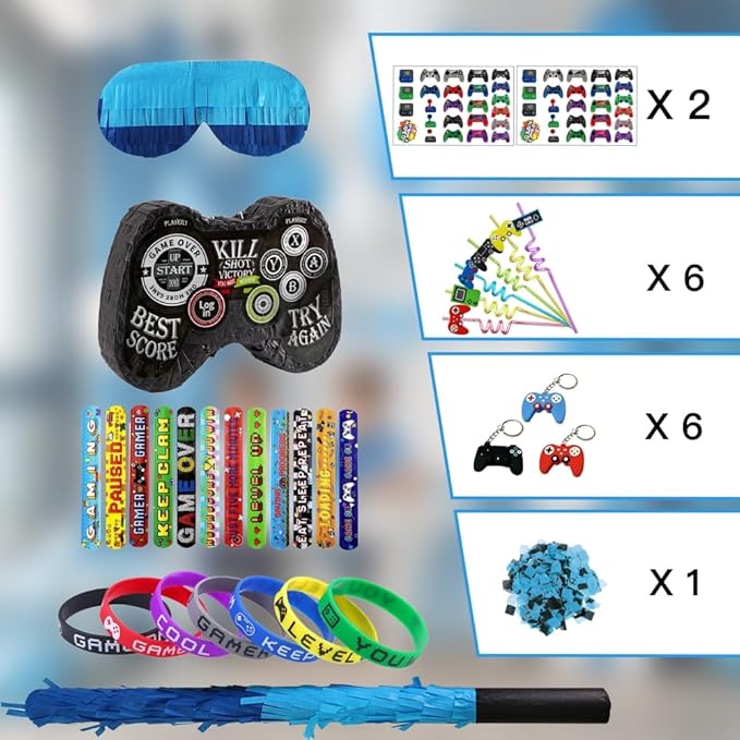 Video Game Pinata Set Video Game Party Favors Supplies for Boy Kids Gamer Party Game Controller Pinata with Straws Bracelets Stickers Keychain Confetti Tools for Party Decoration (Black)