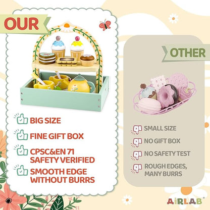 Wooden Tea Sets for Little Girls 1-3 Play Food Cake Toys Toddlers 3-5 Kitchen Accessories Pretend Play Princess Playset for 2 3 4 5 6 Year Old Girl Boy Party Birthday Gift