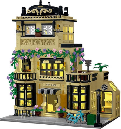 City Cafe Architecture Building Kit with LED Lights,3 Levels City Cafe Model Building Blocks Toy,for 12+Age Teen,Adult（1443 Pieces）