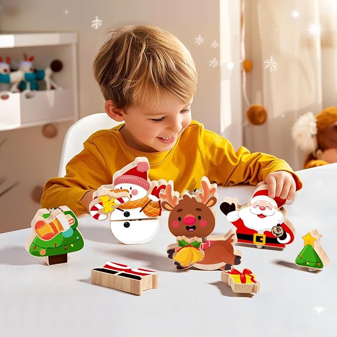 HUZU Christmas Snap Together Building Blocks Toy, Santa, Reindeer, Snowman, Christmas Tree Take Apart Characters, 3 4 5 6 7 8 Years Old Kids Wooden Puzzle, STEM Fine Motor Skill Christmas