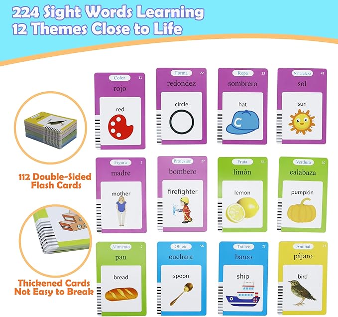 MAYAPHILOS Spanish and English Pocket Speech Therapy Toys with 224 Sight Words, Bilingual Flashcard Autism Sensory Learning Toys Montessori Educational Toys for Preschool Learning, Gifts for Toddlers