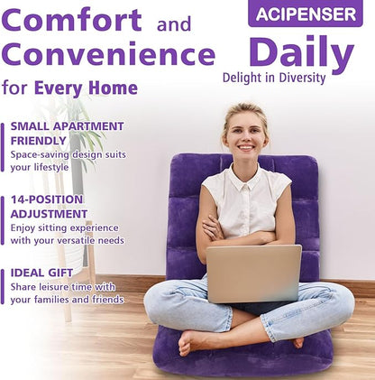 Folding Floor Chair 14-Position Cushioned Adjustable Floor Lazy Sofa Chair w/Breathable Cotton & Skin-Friendly Flannel for Adults & Kids Ideal for Reading Meditating, Purple