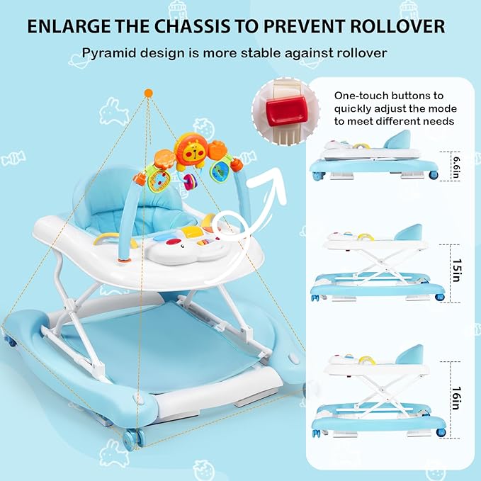 Boyro Baby Baby Walker, 5-in-1 Baby Walkers for Boys and Girls 6-12 Months with Bouncer, Removable Footrest, Feeding Tray & Music, Foldable & Adjustable Activity Walker for 6-18 Months Toddler Infant