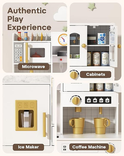 BIERUM Wooden Play Kitchen for Kids Ages 3-8 with Lights & Sounds, Pretend Play Kitchen Set with Stove, Ice Maker, Coffee Maker, Oven & Accessories, Toddler Kitchen Playset for Boys and Girls (White)