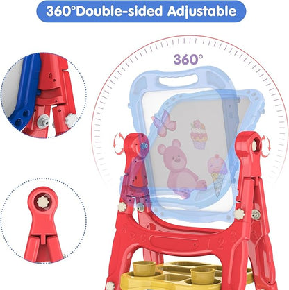 Amagoing Easel for Kids, Adjustable Standing Art Easel for Toddler, Double Drawing Board with Painting Accessories, Birthday Christmas Gift for Little Boys and Girls, Middle Size Blue+Red
