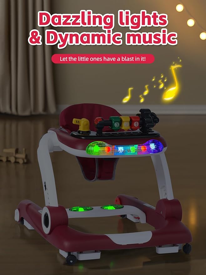 Music and Lights Baby Walker with Wheels, 6 in 1 Baby Activity Center w/Ergonomic backrest Design, Baby Walkers for Boys w/Foot Pads, Music Bouncer Walkers for Boys Girls Babies 6-18 Months, Red