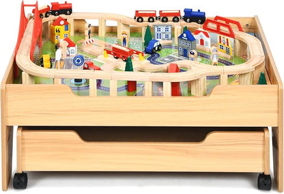 HONEY JOY Train Table, Wooden Kids Activity Table with Storage Drawer, 100 Multicolor Pieces, Tracks, Trains, Cars, Toddler Train Table Set, Gift for Boys Girls Age 3+, Natural