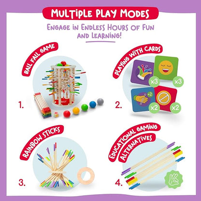 Nene Toys Ballfall, Montessori Toy from 3 Years - Educational Board Game with Colourful Sticks, Dice & Cards - Wooden Toy for Boys and Girls 3-9 Years - Children's Game from 3 Years