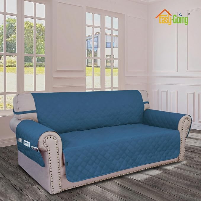 Easy-Going Waterproof Oversized Loveseat Covers Leakproof Couch Cover for 2 Cushion Couch Sofa Cover Washable Sofa Slipcover Non-Slip Furniture Protector with Pocket for Pet(Medium-XL, Peacock Blue)