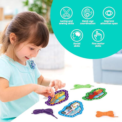 Aizweb Vehicle Lacing Cards,Sewing Kit for Toddlers, Fine Motor Skill Toys,Threading Toys for Preschoolers,Shoe Tying Practice Art and Craft for Kids Educational Kindergarten Learning Activities