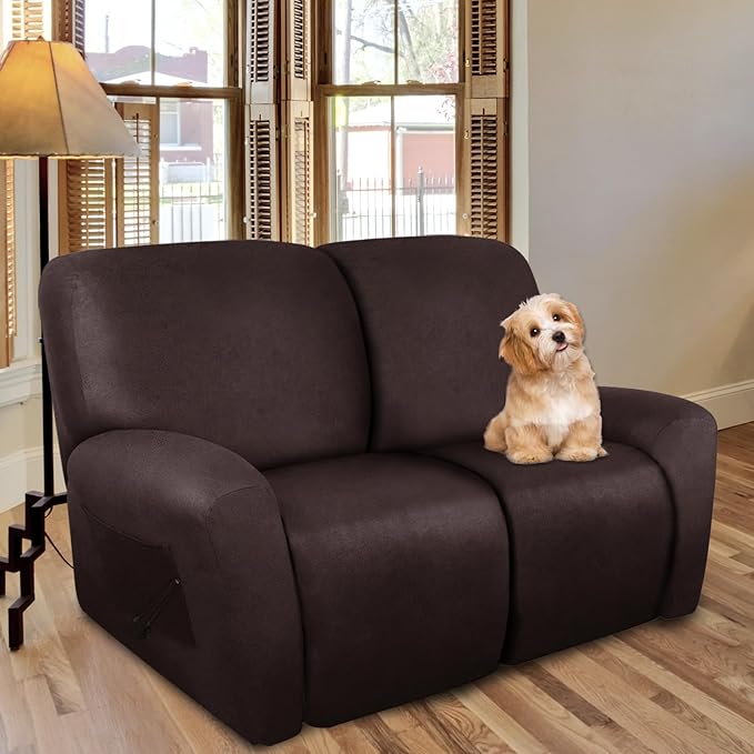 Loveseat Recliner Slipcover Large Size Oversized - 6 Pieces Stretch Leather Like Recliner Sofa Cover for 2 Seat Dual Reclining Loveseat Couch Furniture Protector (Chocolate)