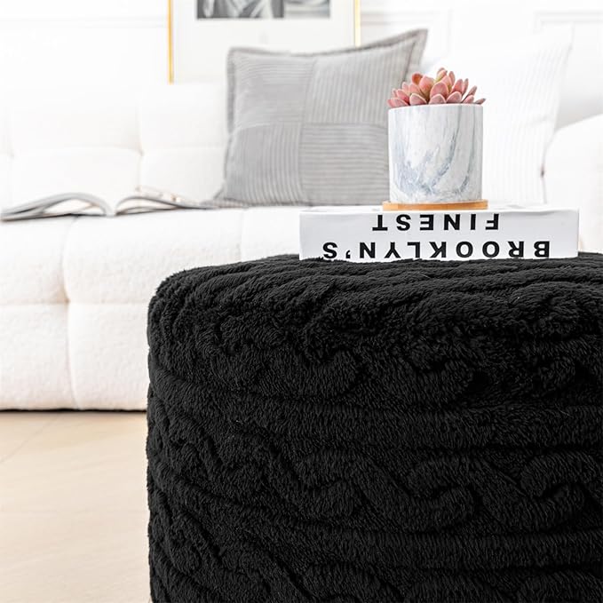 Asuprui Round Pouf Ottoman Stuffed Pouf Foot Stool Floor Chair for Living Room Bedroom Filled Boho Foam Ottoman Foot Rest for Couch 20 Diameter x 12 Height Black Pouf with Filler