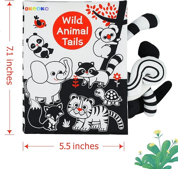 OKOOKO Soft Baby Book Black and White High Contrast Animals Tails Book Bath Book Montessori Sensory Stroller Toy Non-Toxic Crinkle Washable Early Education for Baby Infant Toddler