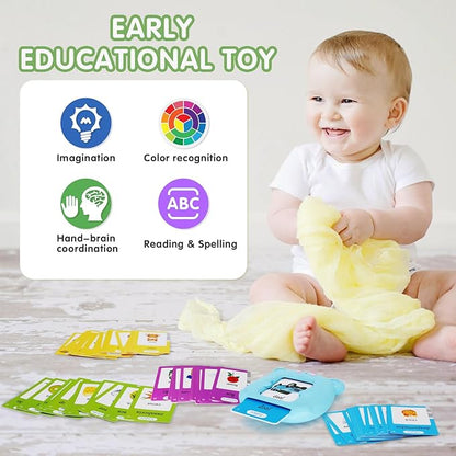 Whongkidz Spanish Talking Flash Cards, Bilingual Toy for Kids Toddlers Pocket Speech Audible Flashcards, Educational Autism Sensory Toys for Autistic Children, Speech Therapy Toys (Blue_112 Cards)