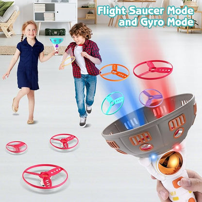 Outdoor Toys for Kids Ages 4-8 - Flying Disc Launcher Toy, Music Astronaut Flying Helicopter Toys with Sounds, 2&1 Flying Saucer Mode and Spinning Top Mode Flying Toys, Birthday Gift for 3-8 Year Old