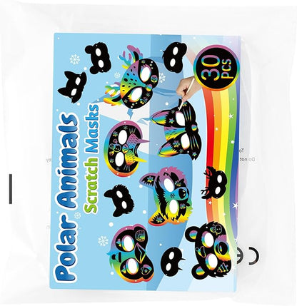 B1ykin 30Pcs Polar Animals Scratch Mask Gift Set, DIY Magic Winter Arctic Animal Scratch Masks Craft Kit for Kids, Color Paper Party Favors for Birthday School Classroom Art Activity Project