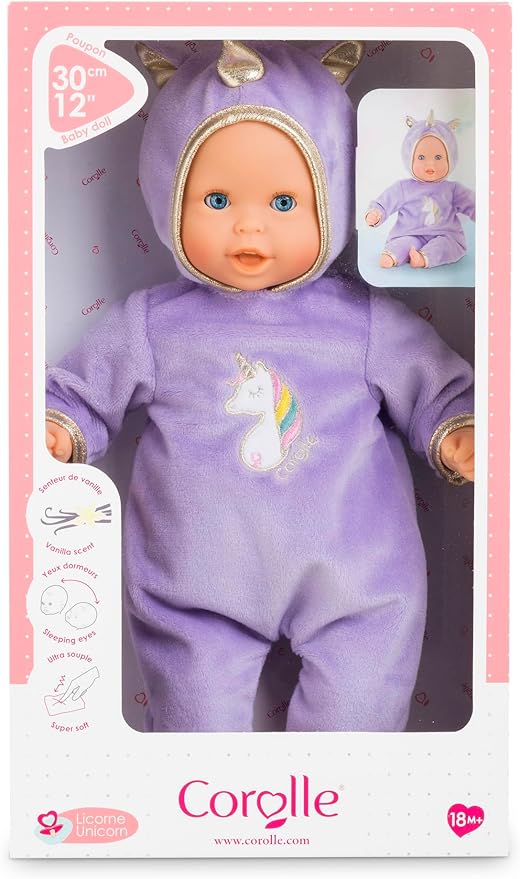 Corolle Bébé Calin Unicorn Boy Baby Doll - 12" Soft Body Doll with Purple Hooded Outfit, Sleeping Eyes Open and Close, Vanilla-Scented, for Ages 18 Months and up