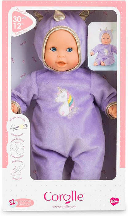 Corolle Bébé Calin Unicorn Boy Baby Doll - 12" Soft Body Doll with Purple Hooded Outfit, Sleeping Eyes Open and Close, Vanilla-Scented, for Ages 18 Months and up