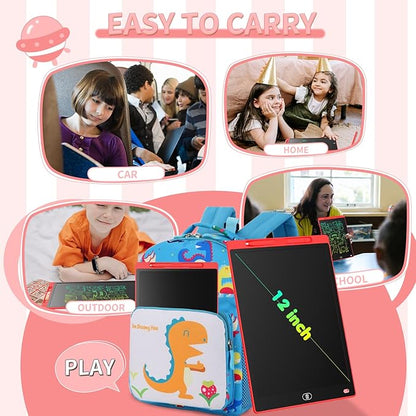 [2 Pieces] 12 Inch LCD Colorful Writing Graphic Tablet, Erasable Drawing Board, Kids Gift, Graphic Board for Games for 3 4 5 6 7 Years (Blue & Red)