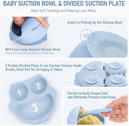 Baby Weaning Set, Silicone Baby Feeding Set(10 Pcs), Toddler Weaning Set with Adjustable Bib, Suction Bowl, Plate, Fork, Spoon, Water & Snack Cup Kit, Baby Led Weaning Kit for Babies and Kids