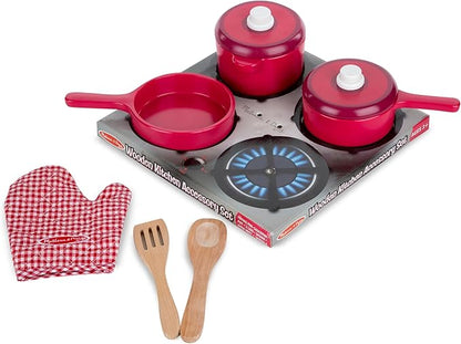 Melissa & Doug Deluxe Wooden Kitchen Accessory Set - Pots & Pans (8 pcs) , Green , H: 12 x W: 12 x D: 5