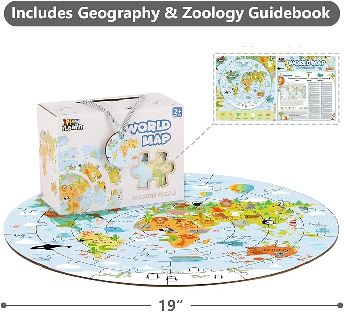 iPlay, iLearn Floor Puzzles for Kids Ages 3-5 4-8, Toddlers Wooden Jigsaw Puzzles, Round World Map Puzzle Toy W/Large Pieces, Geography Educational Birthday Gifts for 6-7 Year Old Boys Girls Children