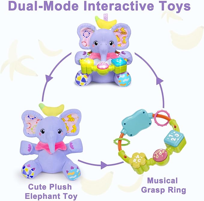 Holaxander Baby Elephant Musical Stuffed Animals Toy with Light-Up Music & Crinkle Sound Paper,Infant Bilingual Early Learning Education Toys,Tummy Time Toys for 0-3-6-12+ Months Boy Girl, Purple
